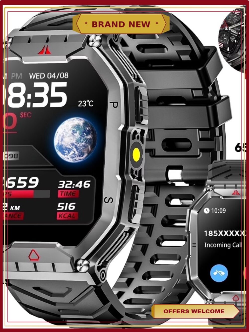 2.1" AMOLED Military Smart Watch with Fitness Tracker, 100+ Sport Modes, 1ATM